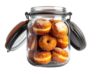 Sugar-dusted round pastries fill a glass jar with open lid
