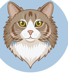 Obraz premium Illustrated head of a fluffy gray and white cat with yellow eyes and a pink nose