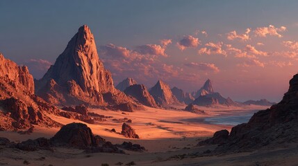 Naklejka premium Golden desert landscape with hidden ancient ruins half-buried in sand, cinematic adventure scene at sunset.