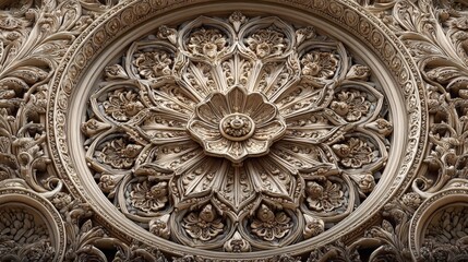 Intricate stone carving of a beige rose window, ornate architectural detail