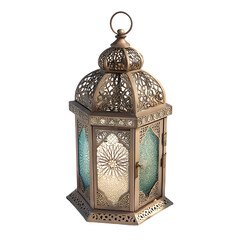 Intricate moroccan lantern with blue glass
