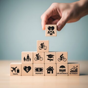 Hand placing heart family block on top of financial planning cubes