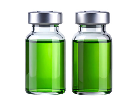 Two clear glass vials filled with vibrant green liquid