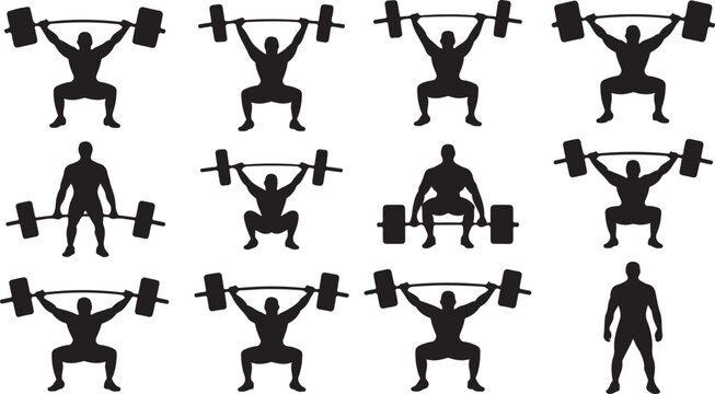 Multiple silhouettes of athletes performing barbell weightlifting exercises in rows squat clean and jerk
