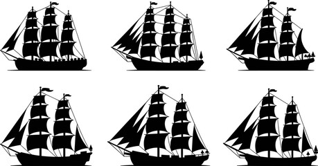 Set of Six Black Silhouette Sailing Ships and Vintage Nautical Vessels with Multiple Masts Isolated on White Background for Maritime Design Concepts (22 words) © Mim's World