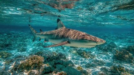 Obraz premium Blacktip reef shark patrols shallow waters of Fakarava atoll, turquoise sea, coral reef visible, tropical island in background, bright sunny day