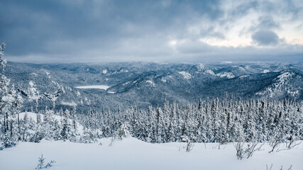 Majestic winter landscape from Pioui trail in Grands-jardins national park on a wonderful snowy...