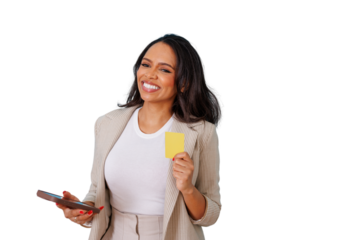 Smiling woman holding a credit card and smartphone, performing secure online banking and e-commerce transactions. Transparent background