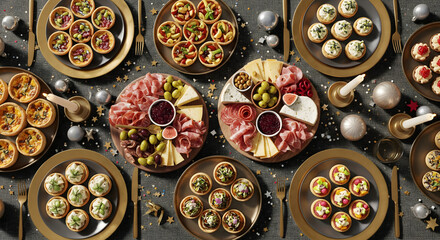 Elegant festive appetizer spread on a dark textured table