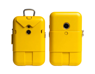 Two yellow, rectangular, retro-styled devices with cameras and loops