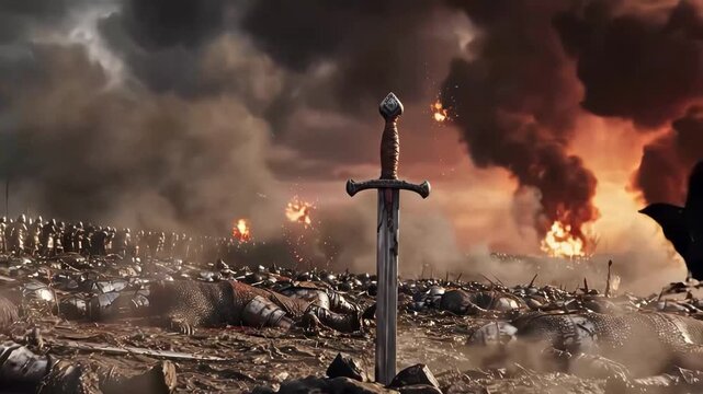 A chaotic battlefield with armor and sword on fire with smoke and flames