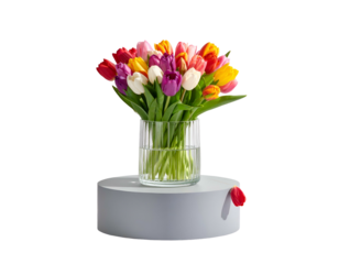 Vibrant tulip bouquet in a clear glass vase on a pedestal