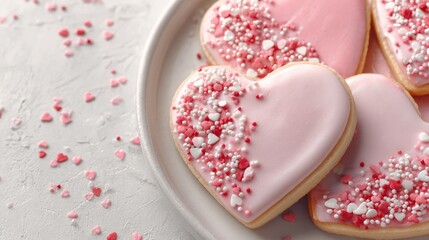 Heart-shaped cookies with pink icing and sprinkles on a white plate. The scene includes scattered pink and red decorations.