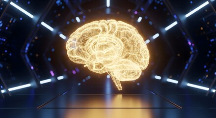 Glowing holographic human brain rendered as a wireframe network in a futuristic, dark tunnel environment, symbolizing artificial intelligence and technology