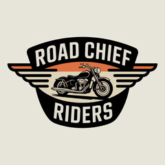 Road Chief Riders motorcycle club shield with wings and cruiser, retro road team logo, vintage biker patch vector for garage apparel, rallies and events
