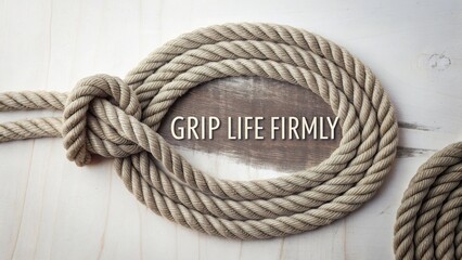 Obraz premium Coiled Rope with Motivational Message Against Wood