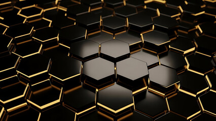 Sleek black hexagons with golden glowing edges forming a modern abstract technology background pattern for digital concepts.