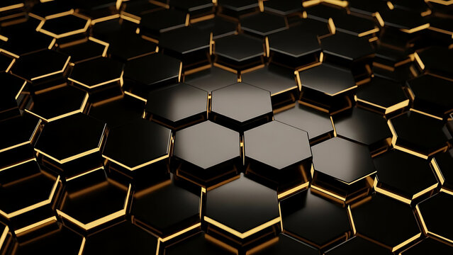Sleek black hexagons with golden glowing edges forming a modern abstract technology background pattern for digital concepts. - Powered by Adobe