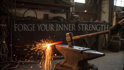 Blacksmith hammering glowing metal on an anvil at a forge