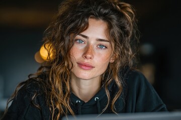 Woman uses laptop in home workspace during evening hours