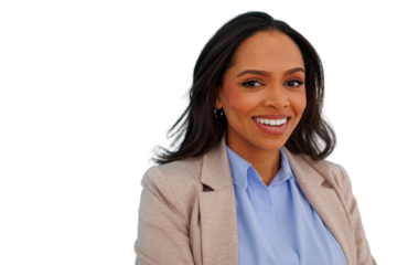 Confident young business woman smiling, representing success, professionalism, and empowerment, with transparent background