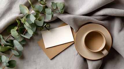 Minimal flat lay with a cup of coffee eucalyptus branch and blank paper card on textured fabric. The image represents branding mockup, calm communication, sustainable lifestyle and creative workspace