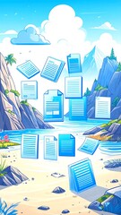 Fototapeta premium Digital documents float over tropical beach