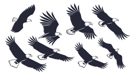 Obraz premium Vector illustration collection of seven black eagle silhouettes flying in formation
