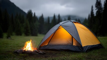 A glowing tent and a campfire are set up in a serene wilderness setting with a forest and misty mountains in the background