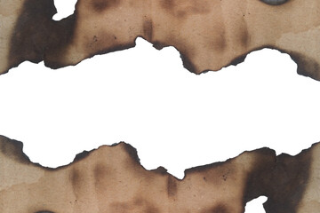 A distressed brown paper background with a large horizontal burnt hole for text or design isolated on transparent background