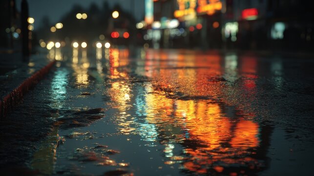 Rainy city street glistens at night with bright neon lights reflecting in puddles on the road, creating a colorful urban scene - Powered by Adobe