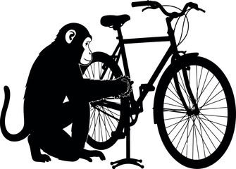 Playful Monkey Fixing Bicycle Silhouette Vector Isolated on White Background © Your Vectors