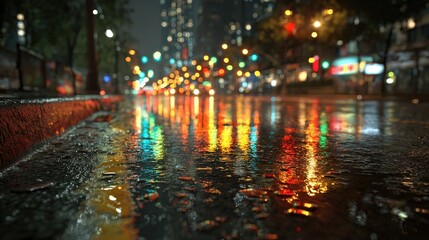 Rainy city street glistens at night with bright neon lights reflecting in puddles on the road, creating a colorful urban scene