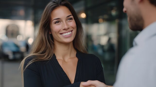 A professional woman with a warm smile engages in a handshake with a business associate in an outdoor urban setting
