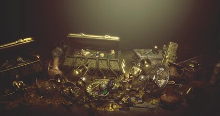 Various ancient treasures and artifacts are scattered on the ground in a dimly lit cavern. Gold coins, ornate containers, and decorative items create a sense of lost history and adventure.