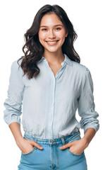 a realistic photograph of an attractive young smiling hispanic woman wearing a light blue blouse and jeans, hands in pockets, against a transparent background.