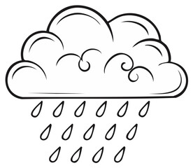 Simple black and white cartoon rain cloud with falling raindrops icon