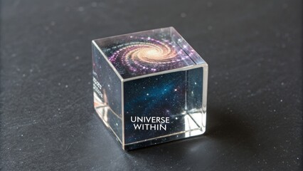 Clear crystal cube showcasing the universe within its confines