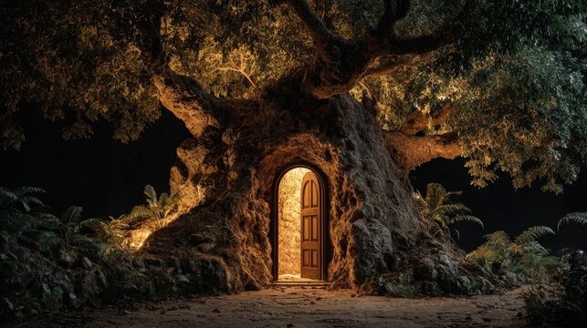 Glowing doorway beckons from within ancient tree trunk in forest at night with magical ambience