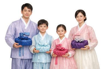 명절 선물을 들고 있는 행복한 4인 한복 가족 (추석, 설날, 보자기 포장)
