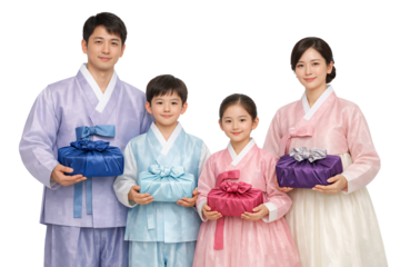 명절 선물을 들고 있는 행복한 4인 한복 가족 (추석, 설날, 보자기 포장)