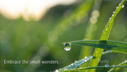 Clear water drop on a green leaf reflecting its surroundings