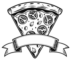 A delicious slice of pizza with various toppings and an empty blank banner ribbon ready for text or logo design