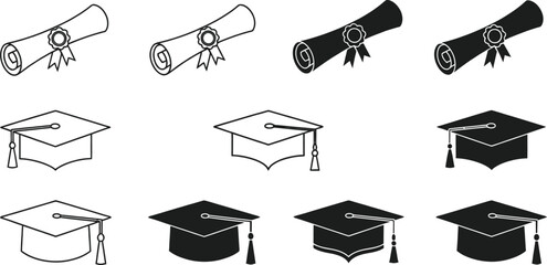 Collection of graduation caps and diplomas, symbolizing academic achievement and completion of studies