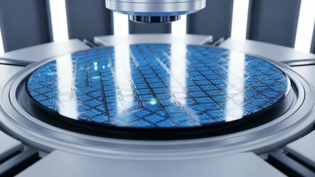Close-up of silicon wafer with robotic arm in modern semiconductor manufacturing facility