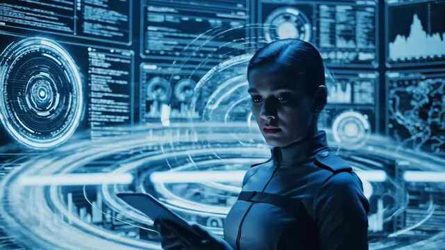 Woman analyzing data on multiple screens in a control room