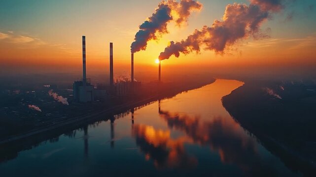 Smoggy Horizon: An industrial landscape is juxtaposed against a serene river and the warm hues of the sunset, a poignant portrayal of environmental challenges.