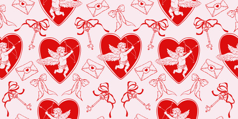 Fototapeta premium Romantic seamless Valentine’s Day pattern with cupid angels inside hearts, love letters, bows and vintage keys. Red and pink hand drawn illustration in retro style for wrapping paper, textile