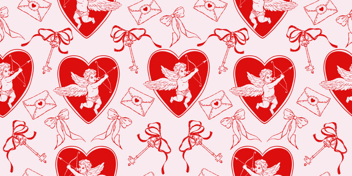 Romantic seamless Valentine&rsquo;s Day pattern with cupid angels inside hearts, love letters, bows and vintage keys. Red and pink hand drawn illustration in retro style for wrapping paper, textile
