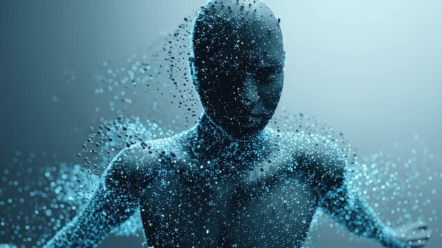 Abstract human form dissolving into glowing blue particles against a soft gradient background